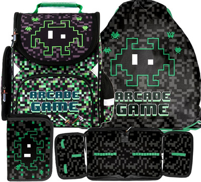 PIXEL Schulranzen Set 3in1 Ranzen rucksack Federmäppchen Turnbeutel ARCADE GAME