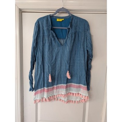 Roller Rabbit Womens Blue Cotton Geometric Tassel Tunic Blouse Large lightweight