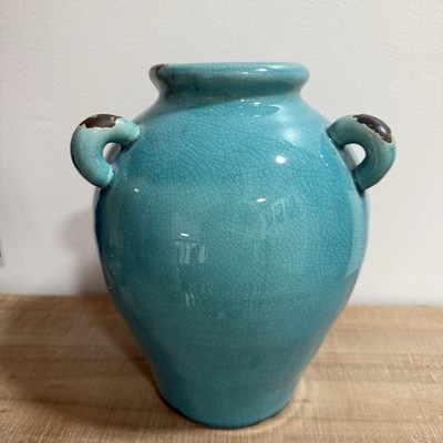 Vintage Turquoise Crackle Glaze Studio Pottery 3 Handle Vase Urn Boho Chic