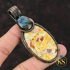 Copper Oval Birds Eye Jasper Gemstone Labradorite Wire Wrapped Pendant Jewelry