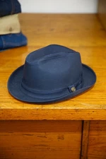 Vintage Navy Blue Fedora Mens Hat 7 1/4 USA Designer Collection brass button