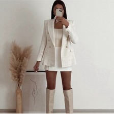 Zara White Double-Breasted Blazer Gold Buttons Lined Pockets Long Sleeve XS