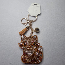 Brown Raccoon Large Rhinestone Covered Puffy Keychain Or Bag Charm W Tassel