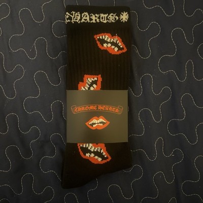 Chrome Hearts Black Crew Socks Large Red Lips Pattern Cotton