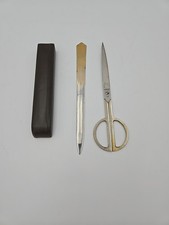 CIZ GILT 3 Pc Vintage DESK SET Scissor Opener Leather Pouch USED Great Cond
