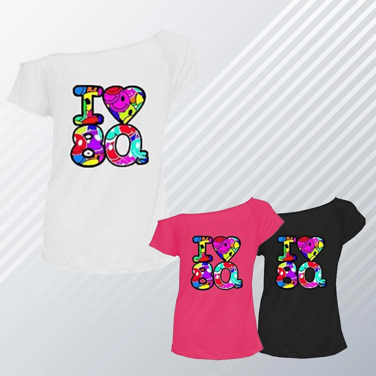 Ladies I Love The 80s T-shirts Off Shoulder Fancy Dress Womens