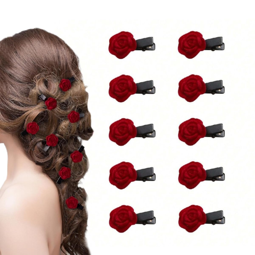 10 Pcs Red Mini Rose Hair Clip,Red Flower Hair Barrettes Headpiece Hair Vintage