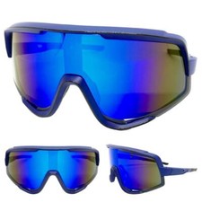 Oversize 80s RETRO SPORTY WRAP AROUND Shield SUN GLASSES Large Blue Frame  Lens
