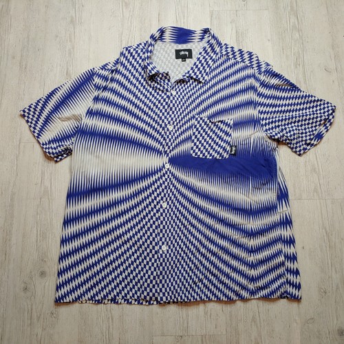 Stüssy, Stüssy Psychedelic Check Shirt Button Up Loop Collar Vintage Lightweight Blue L