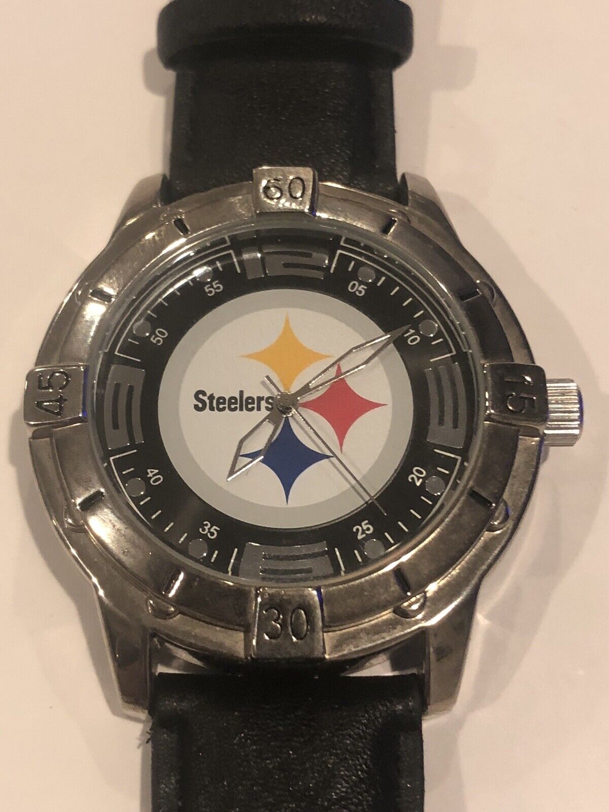 NFL Sparo Pittsburg Steelers Black Leather Band Stainless Steel Mens Wrist Watch