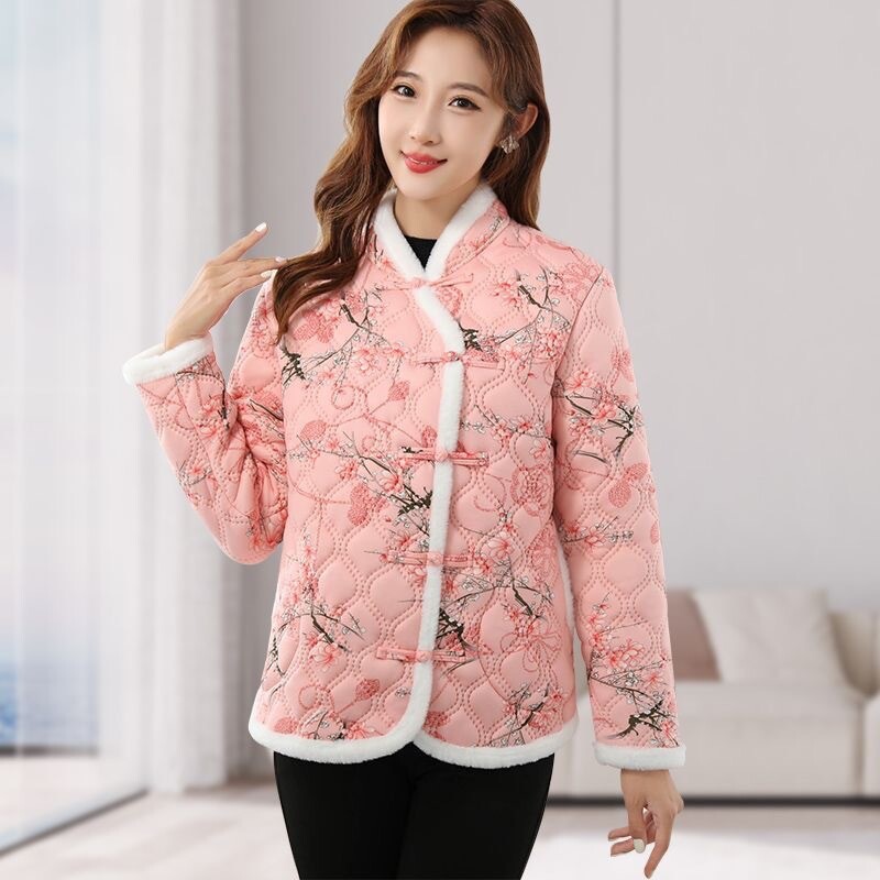 ジャケット・アウター TAN PINK CHECKED COAT Vintage Chinese Cotton Jacket Women Warm Plush Coat Tang