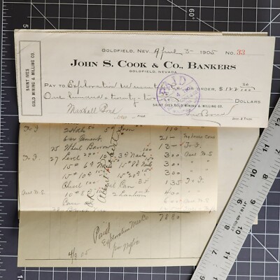 Bank Check Receipt 1905 Goldfield Nevada St. Ives Gold Mining John S. Cook