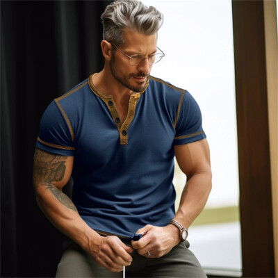 Herren-Henley-Hemd, Freizeithemd, kurzärmelige Bluse mit Knopfleiste DE