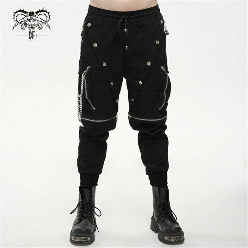 Devil Fashion Men's Cargo Trousers Stainless Steel Chain Decoration Casual Pants