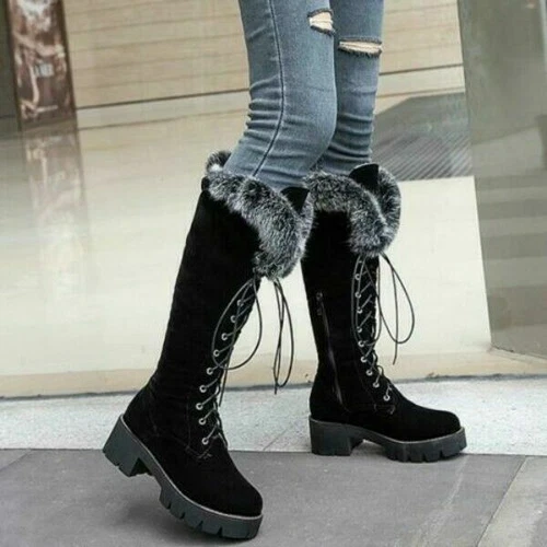 New Men's Womens Fur Lined Snow Boots Warm Lace Up Knee High Boots Outdoor Shoes - Picture 13 of 18