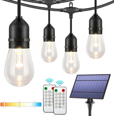 3 Color Dimmable LED Outdoor String Lights with Remotes, 48FT Waterproof Patio