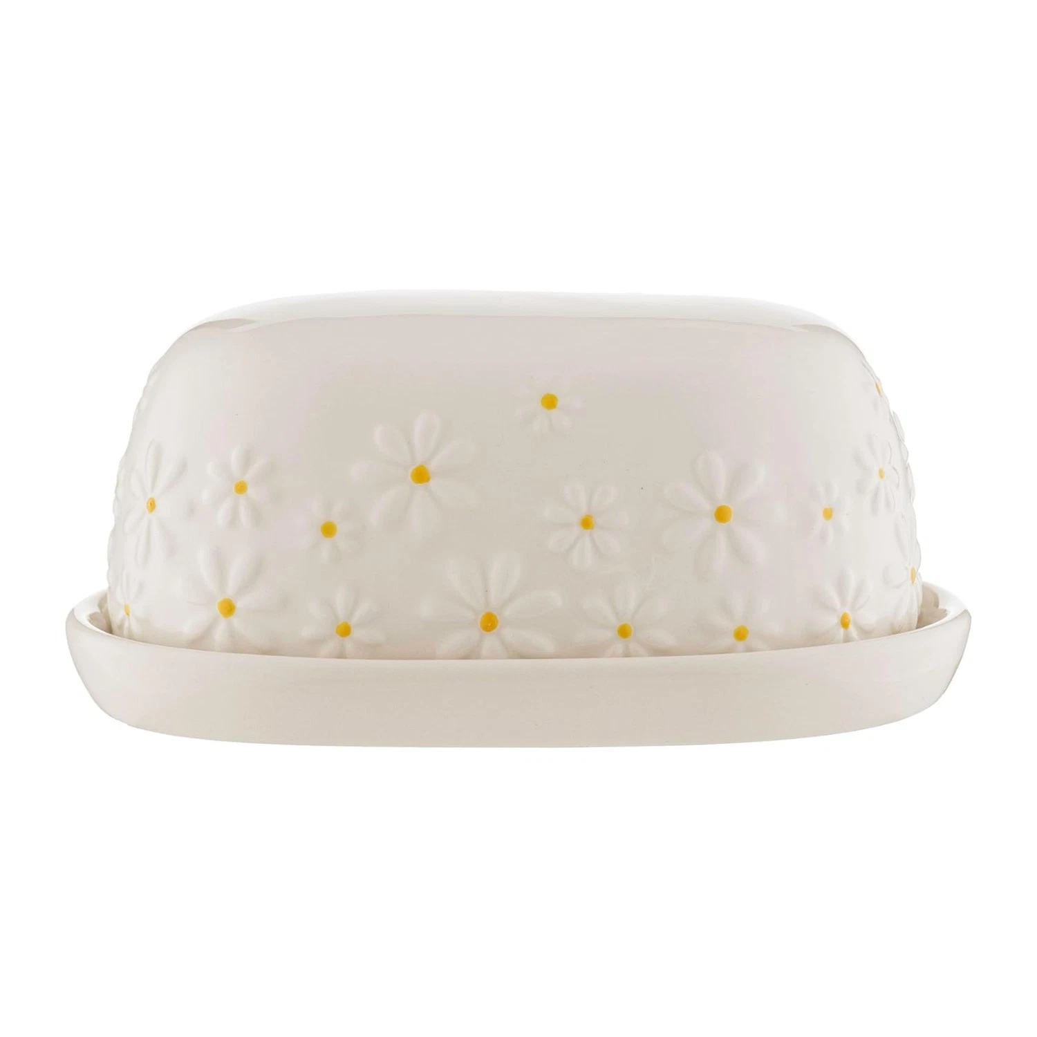 Daisy Butter Dish Ceramic Hand Painted Flower Embossed White Cheese Storage