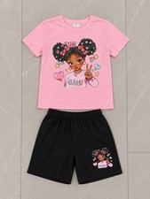 Girls Size 8-9Y 2pc Outfit Set Pink Cartoon Graphic Tee  Black Shorts
