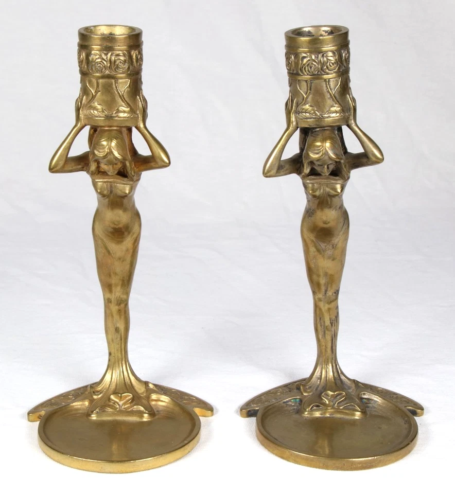 2x Figürlicher Jugendstil Kerzenleuchter um 1920 wohl Francis RENAUD art nouveau - Bild 4 von 4