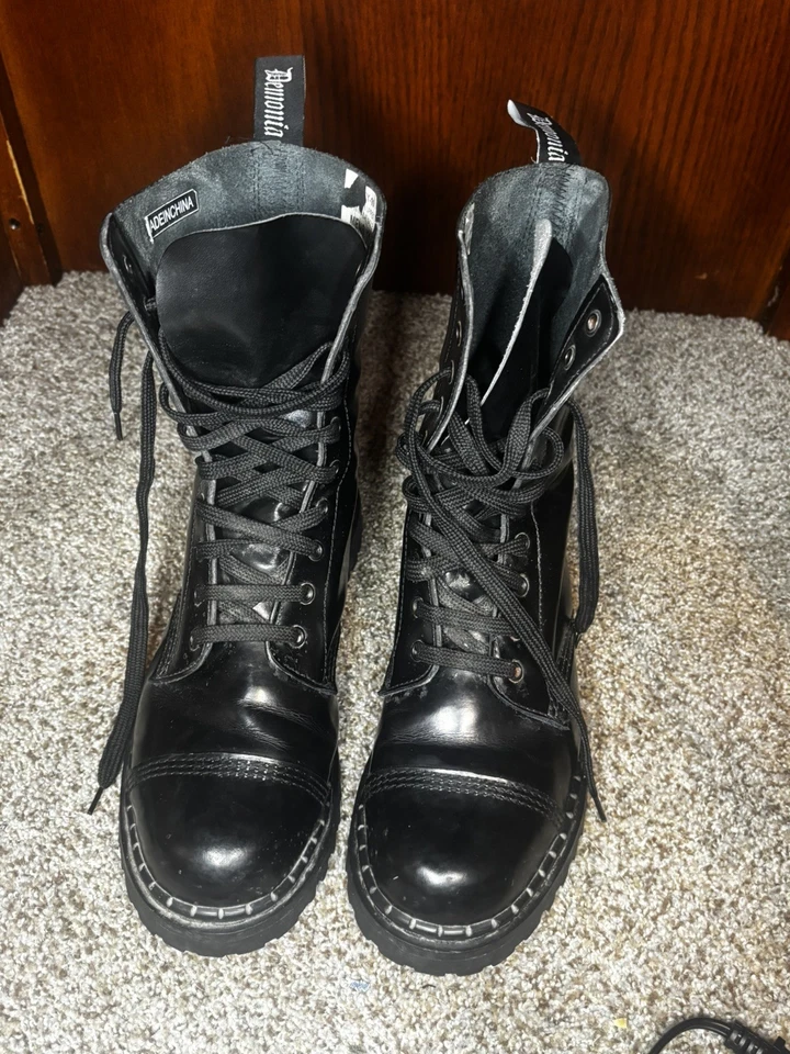 Botas DEMONIA para Hombres 11 Cuero Negro Motociclista Combate Puntera de Acero Botines con Cordones Foto 4 de 4