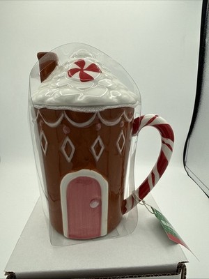 Sleigh Bell Bistro Ceramic Gingerbread House Coffee Mug with Lid New 18 oz Xmas