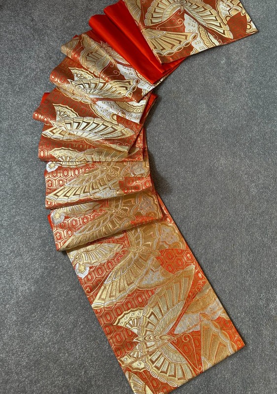 Luxury Japanese Kimono Fabric pure Silk Sash Belt,Orange x Gold Gold Thread 