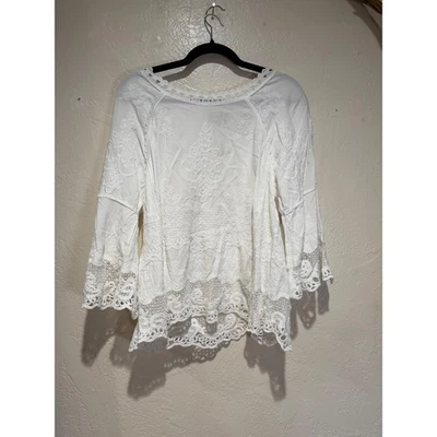 Democracy White Embroidered Boho Lace Bell Sleeve Cold Shoulder Blouse Small - Image 1 of 4