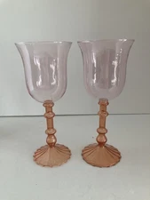 Anthropologie Cinzia Wine Glasses Set of 2 Peach Pink Hand Blown 12oz