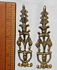 Pair Antique Gild Brass Furniture Pediments Decorative Applique Hardware 3 5/8”
