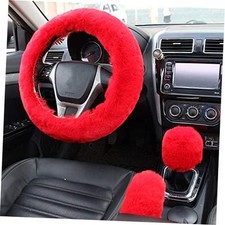 Fluffy Steering Wheel Cover, Fuzzy Furry, 3 Pcs Set, 14.96Inch Red