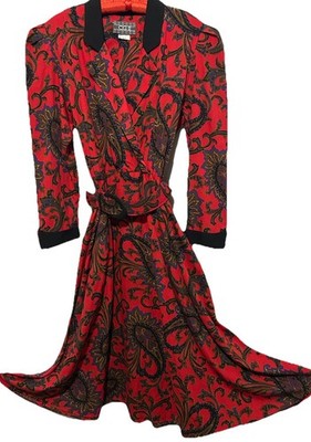 CG II Dress 14 Vintage 80s Red Paisley With Belt Secretary Shirt Waist Shift