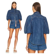 NWT Zimmerman Tiggy Denim Lantern Sleeve Top Women's Brilliant Blue Size: 8