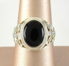 .925 Sterling Silver Black Onyx Statement Ring Ornate Setting sz 8.5 Open Work