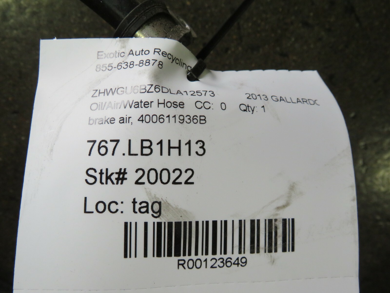 Lamborghini Gallardo LP550, Brake Air Pressure Hose, Used, P/N 400611936B