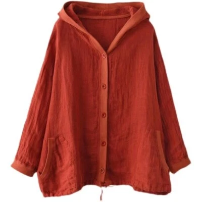Damen Top Hemd mit Kapuze Mantel Bluse Baumwollmischung Taschen Knopf Solid Lose - Bild 1 von 4