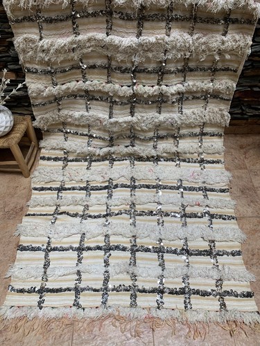 Moroccan Vintage Handira Wedding Blanket Handmade Berber Sequins Rug 03YS00330 - Picture 3 of 12