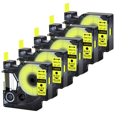 5 Pack Black on Yellow Label Tape for Dymo D1 45018 LabelManager 210D 1/2 X 23'