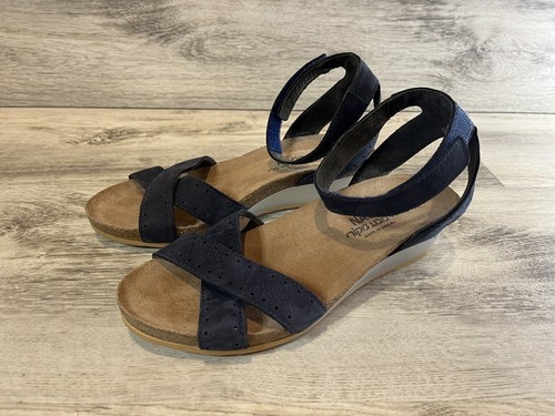 Noat Wand Navy Nubuck Leather Suede Ankle Strap Wedges Sandals Size 37 USA 6 - Picture 2 of 8