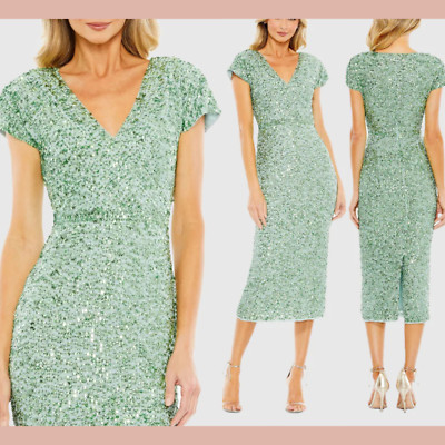 NWT MAC DUGGAL [ 12 ] 10766 Sequined Short Sleeve Wrap Over Cocktail Dress J949