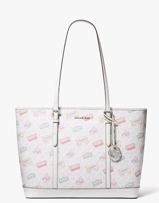Michael Kors Jet Set Large Optic White Printed Logo Shoulder Tote Bag New $498