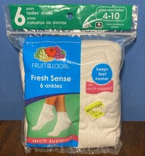 VTG Fruit Of Loom Womens Socks - FRESH SENSE Ankles Arch Support Sz 4-10, 6 Pack