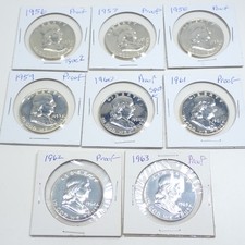 Set (8) US Franklin Half Dollar 1956-1963 90% Silver Proof Coins UNC