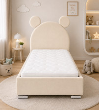 Kids Bear Ear Single Bed 3FT Upholstered Ottoman Divan Storage Mattress UK Made