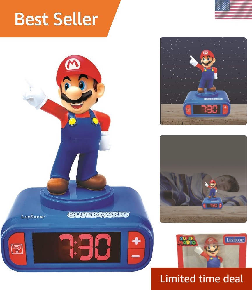 Super Mario, Mario Nightlight Alarm Clock, Sounds and Melodies, LCD Backlit S