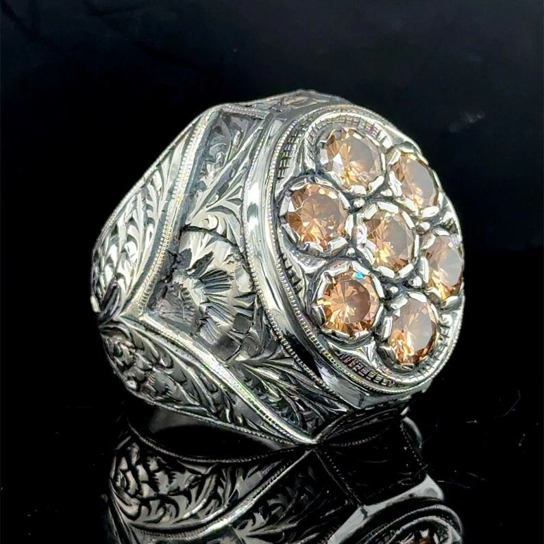 Anel artesanal masculino prata grande pedra citrina gravado floral - Imagem 3 de 4