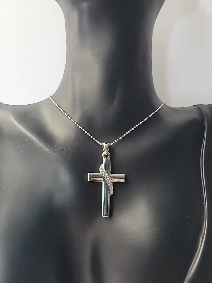 Collar Cadena Colgante Cruz Tono Plata Cristales Blanco Joyería Disfraz Vintage Foto 3 de 4