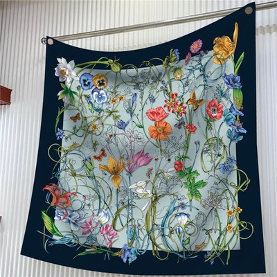 Floral Print Silk Scarf Women Twill Square Hijab Bandana Shawl 90cm Scarves