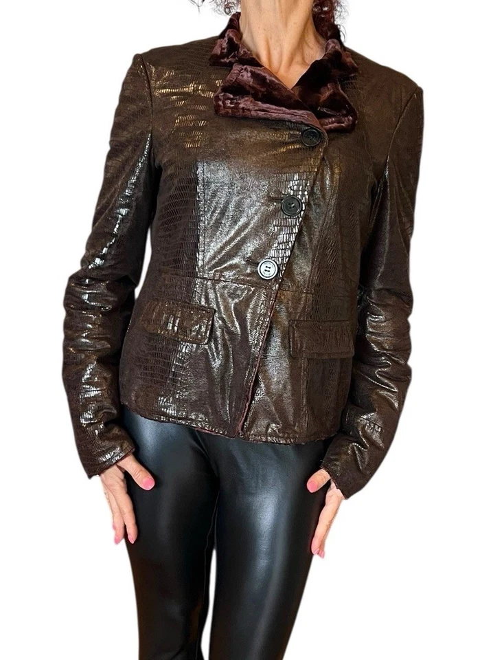ARMANI COLLEZIONI Brown Velvet Lined Faux Leather Snakeskin Embossed Jacket Sz 6 - Image 4 of 4