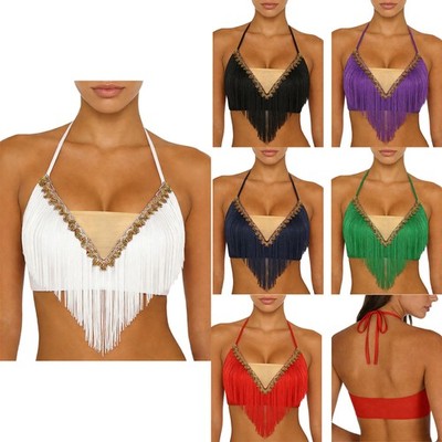 Frauen Bauch Tanz Crop Top Spitze-up Halter Tassel Fringed Camisole Bühne Tanz