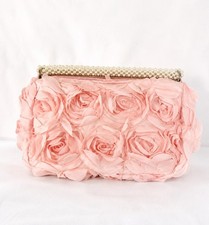 Pink Floral Rosette Clutch Purse Pearl Handle Evening Bag Wedding Prom Bridal
